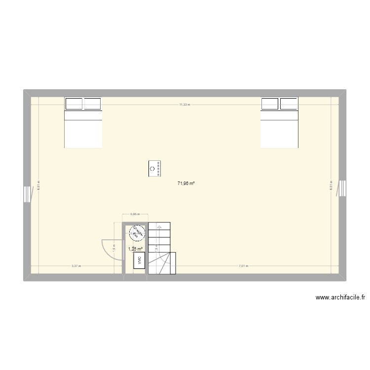 étage V2. Plan de 2 pièces et 73 m2