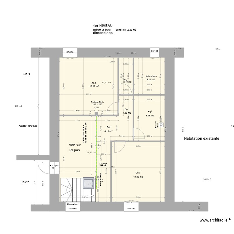 Remise à jour dimensions 1er Niveau S 53.36m2*. Plan de 4 pièces et 68 m2