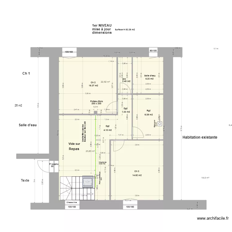 Remise &agrave; jour dimensions 1er Niveau S 53.36m2*. Plan de 