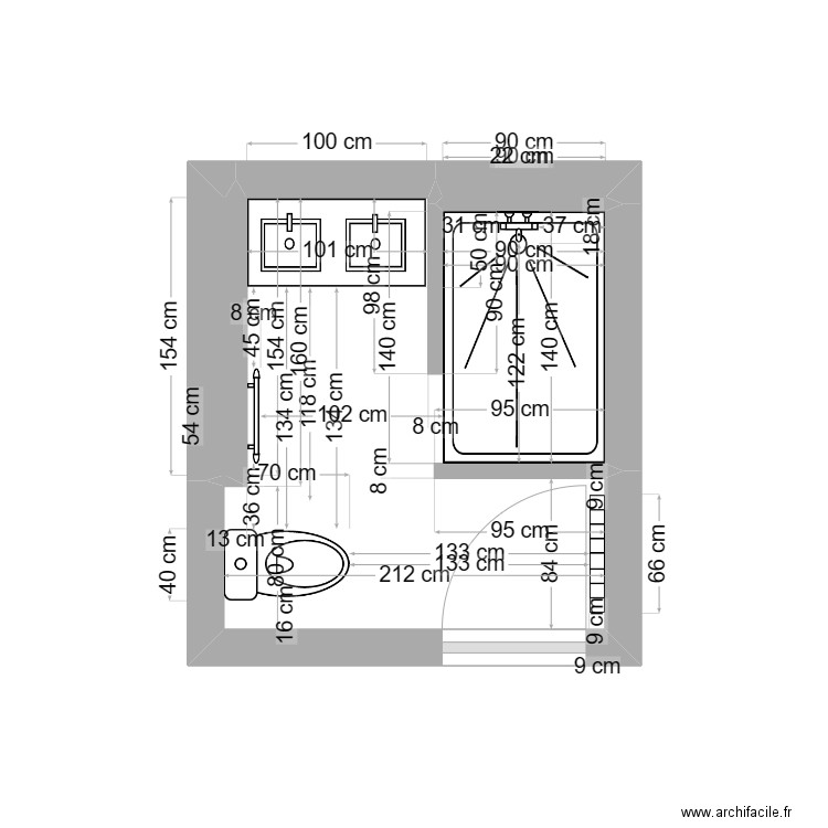 salle de bain Emilie. Plan de 3 pièces et 5 m2