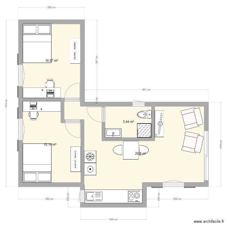 Logement Terasse. Plan de 4 pièces et 45 m2