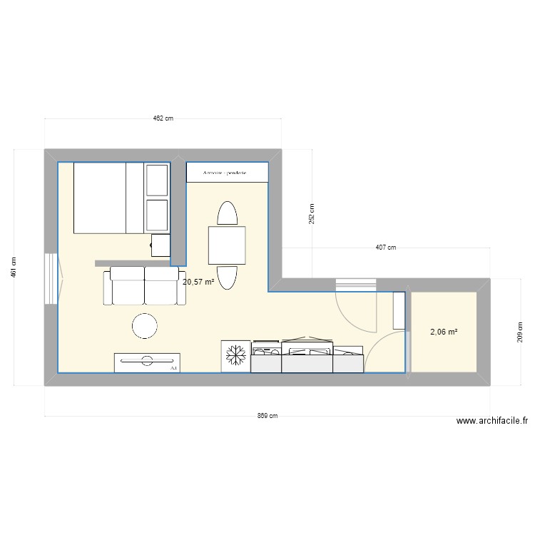 Studio 25m². Plan de 2 pièces et 23 m2