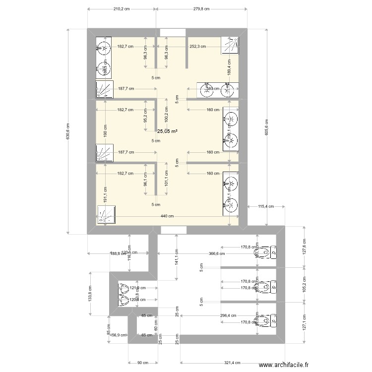 Buissière sanitaire. Plan de 1 pièce et 25 m2