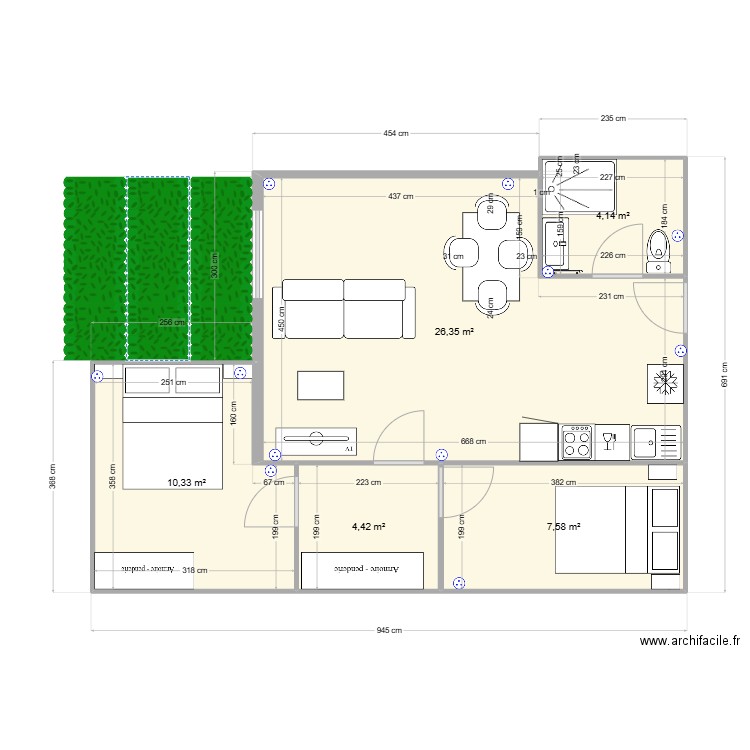 appart rouge f3. Plan de 5 pièces et 53 m2