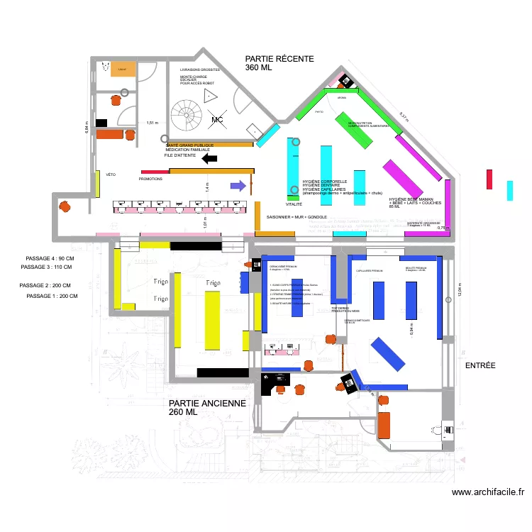 Plan pharmacie Enti&egrave;re 26 entr&eacute;e zone ancienne. Plan de 7  et 263 m²