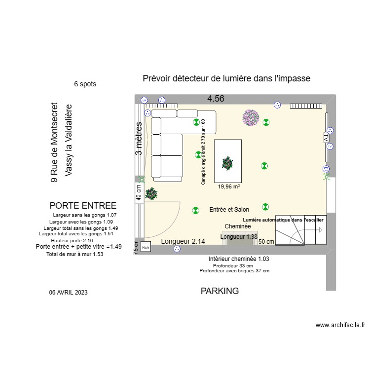 Entrée et Salon 12 oct Vassy. Plan de 1 pièce et 20 m2