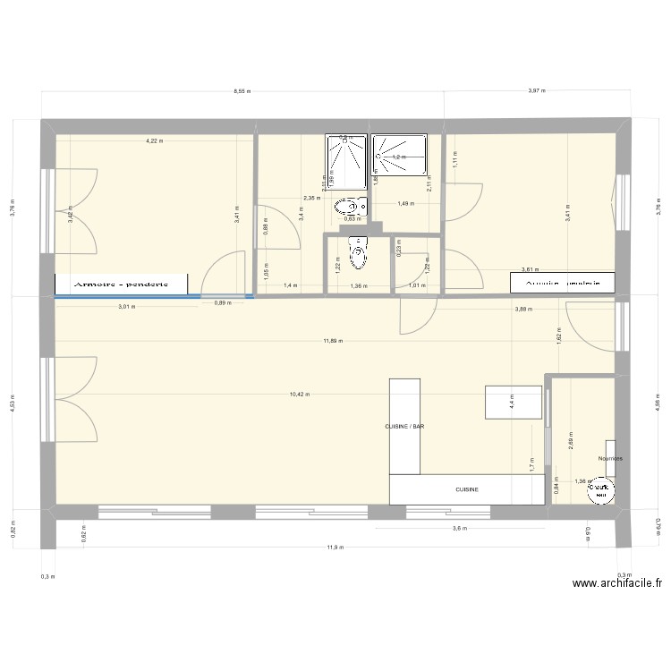 Dimensions Intérieures. Plan de 8 pièces et 92 m2