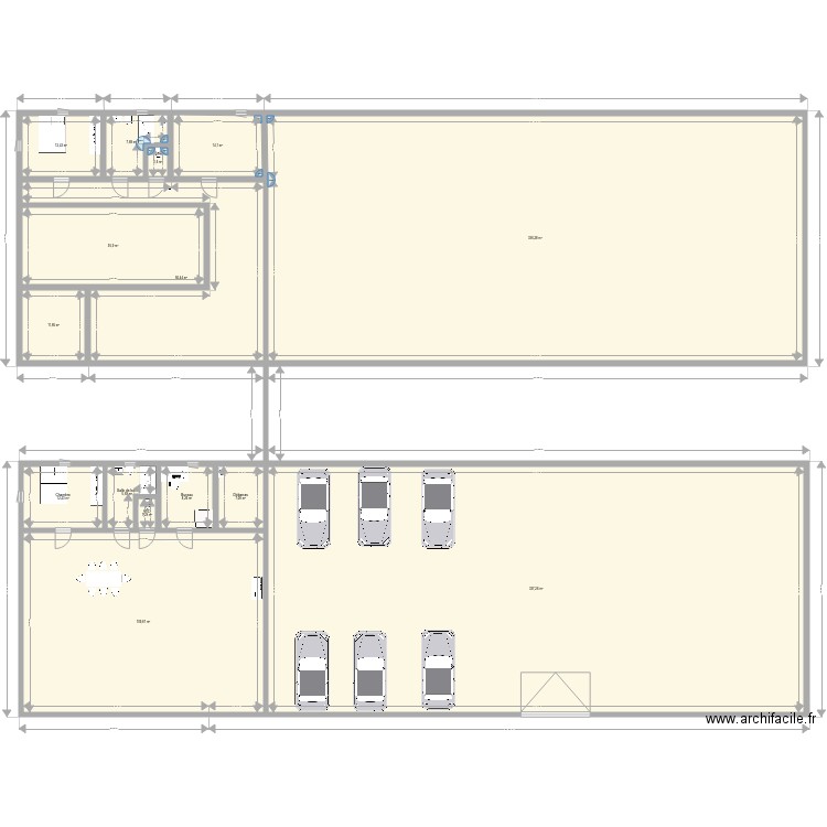 hangar yoyo. Plan de 15 pièces et 958 m2