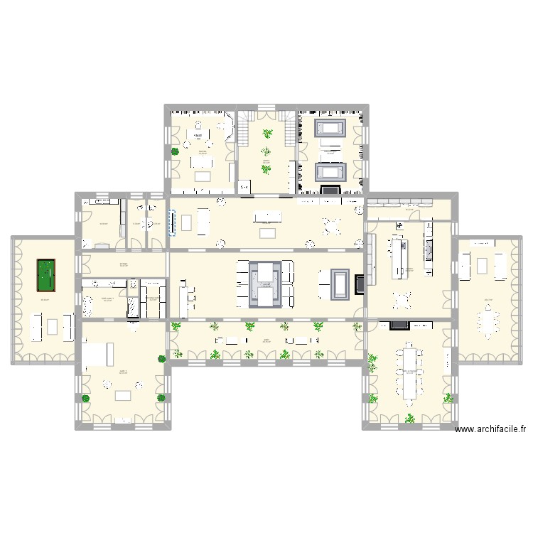 RDC. Plan de 19 pièces et 596 m2