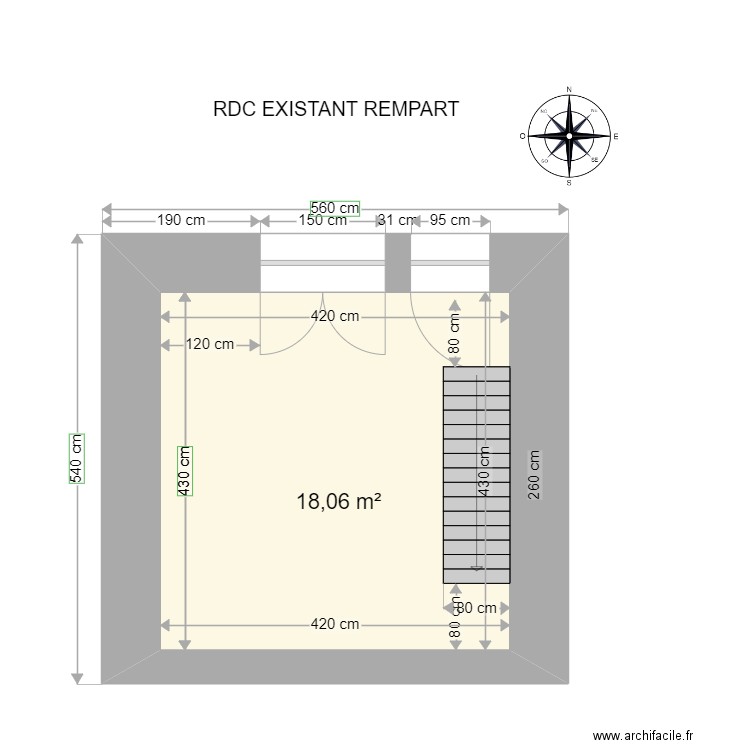 RDC EXISTANT REMPARTS 2. Plan de 1 pièce et 18 m2