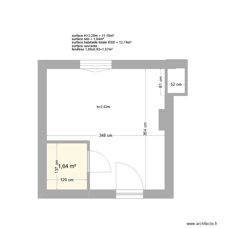 20 Jean Jaurès Etage 1 porte 1. Plan de 1 pièce et 2 m2