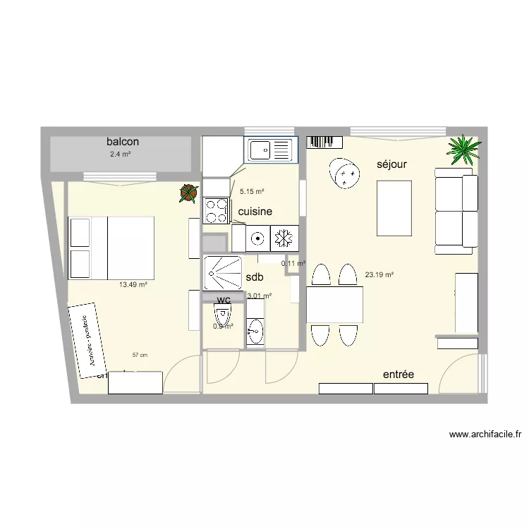 Plan projet meubl&eacute; 1 m&eacute;lini&egrave;re. Plan de 