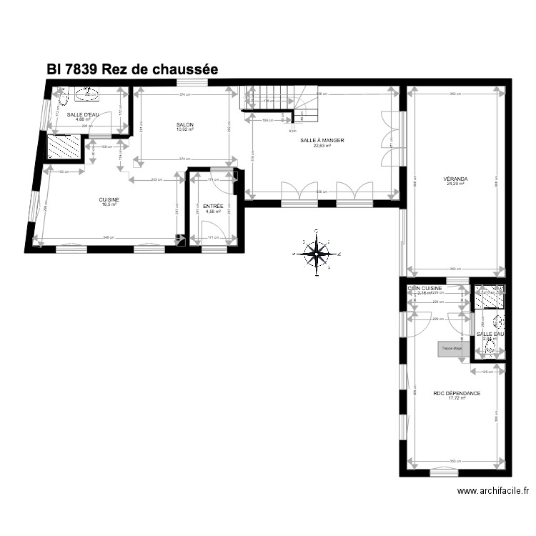 BI 7839. Plan de 16 pièces et 217 m2