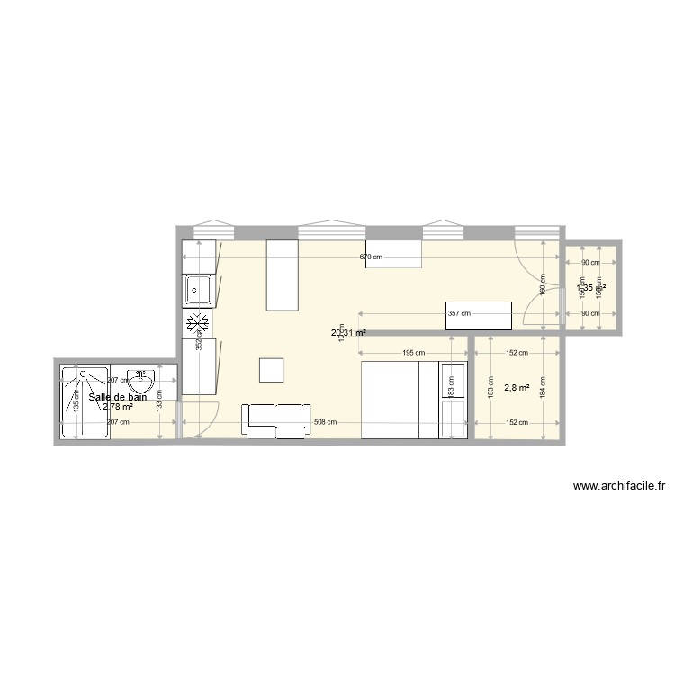 studio - Plan 4 pièces 27 m2 dessiné par melacloe