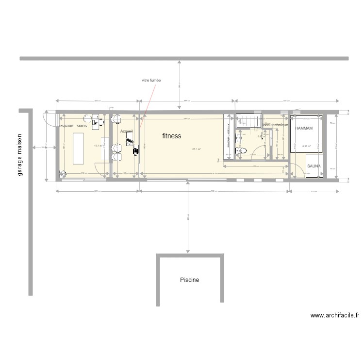 spa. Plan de 4 pièces et 64 m2