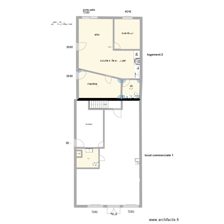 commerce 1 et logement 2 dimensions portes et fenetres. Plan de 6 pièces et 73 m2