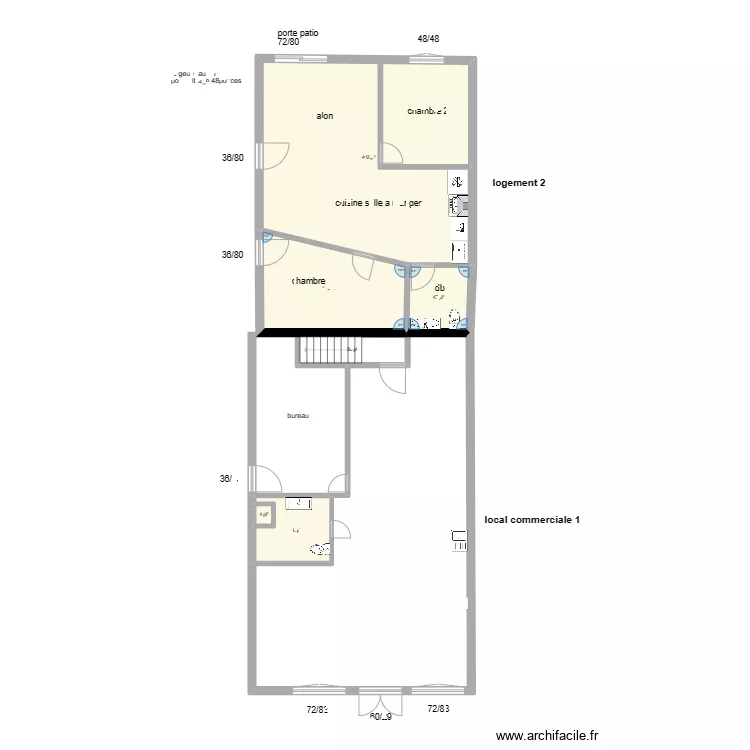 commerce 1 et logement 2 dimensions portes et fenetres. Plan de 