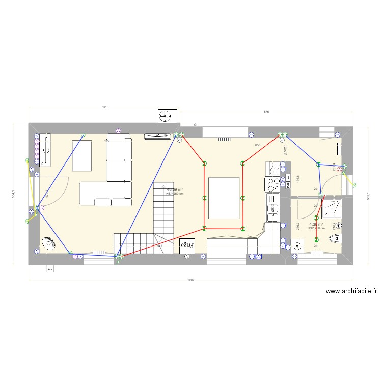 Tristan RDC. Plan de 2 pièces et 53 m2