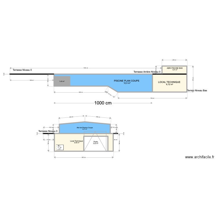 Plan Coupe Piscine. Plan de 7 pièces et 37 m2