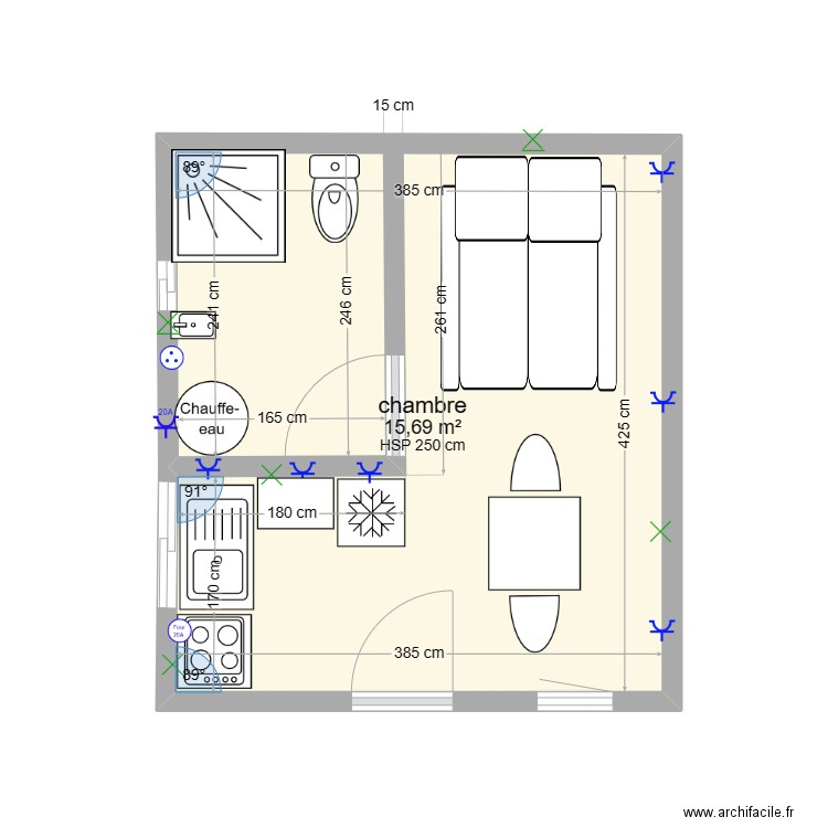 cabanon. Plan de 1 pièce et 16 m2