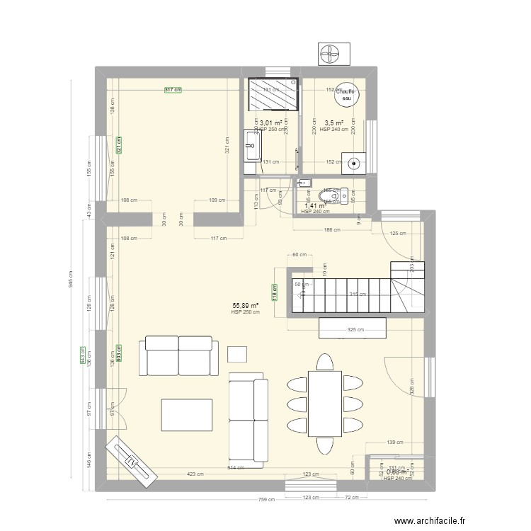 rdc 2 avec implantation meuble . Plan de 5 pièces et 64 m2