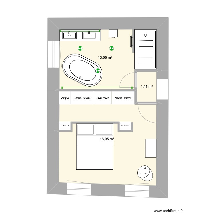 chambre + sdb N+1. Plan de 3 pièces et 27 m2