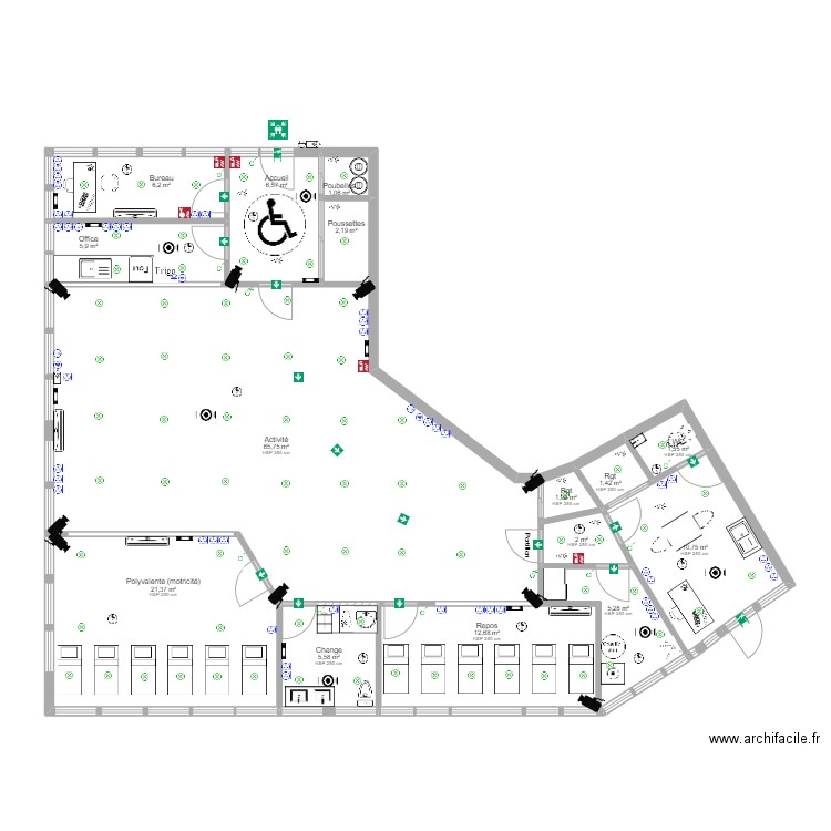 Vanves Projet V PoS ArL 180822  Electricité post PMI av BUREAU 2. Plan de 15 pièces et 149 m2