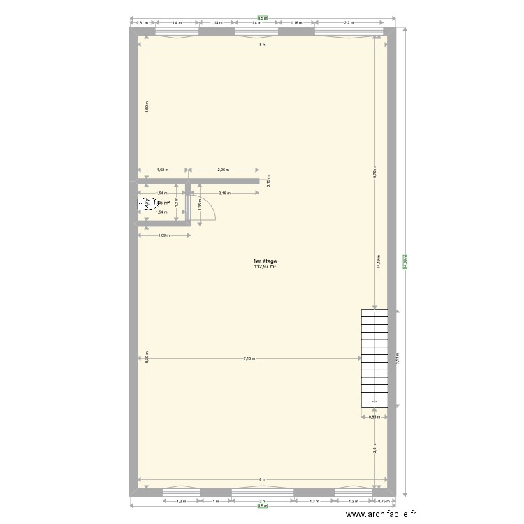 1er étage. Plan de 2 pièces et 115 m2