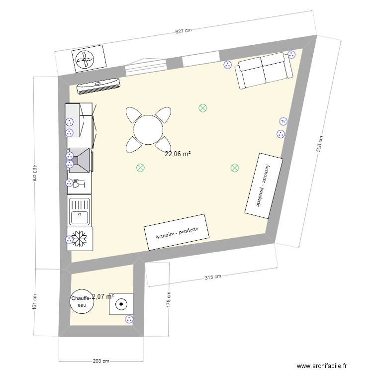 Guillemier - RDC Vedebne. Plan de 2 pièces et 24 m2