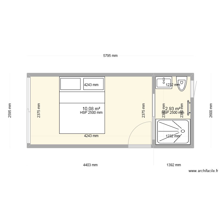 chambre ile verte. Plan de 2 pièces et 13 m2