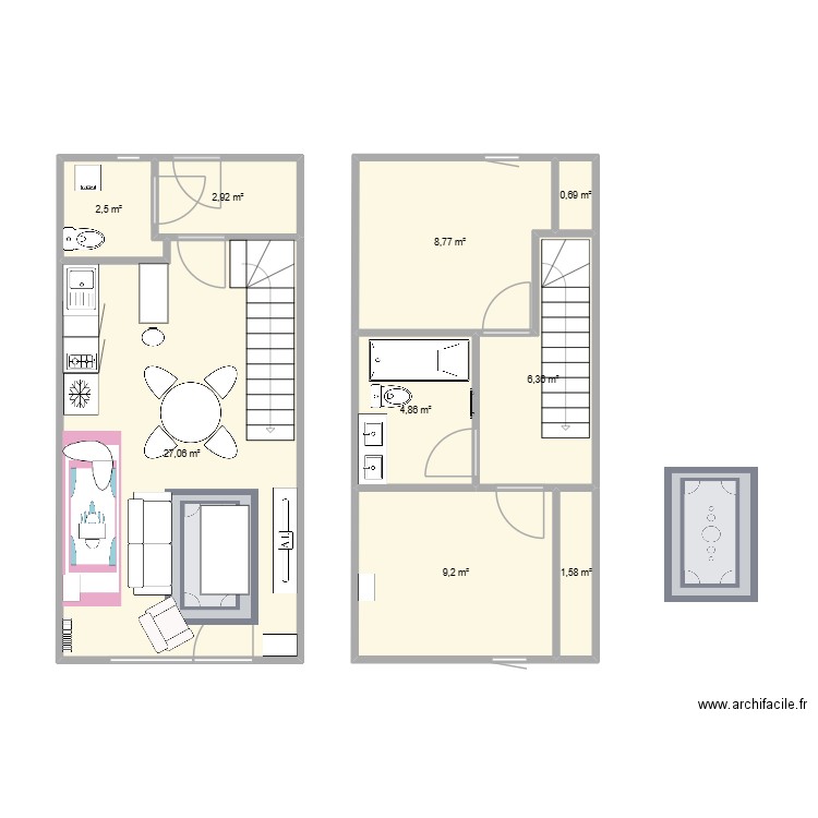 rdc_brique. Plan de 9 pièces et 64 m2