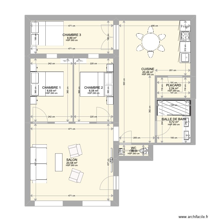 1ER ÉTAGE. Plan de 8 pièces et 75 m2