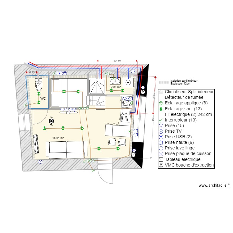 APPARTEMENT LA GRELLERIE EAU ELEC. Plan de 9 pièces et 77 m2