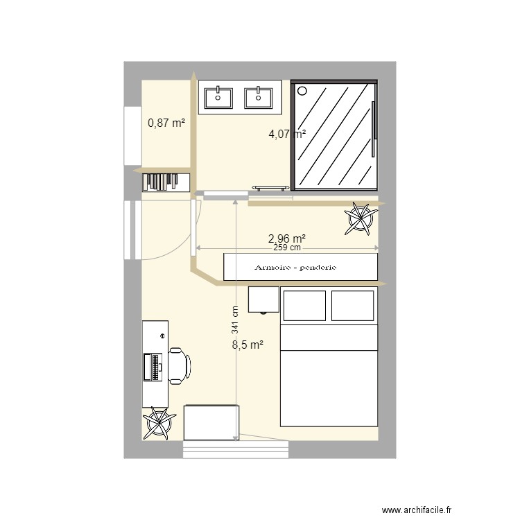 Chambre V2. Plan de 4 pièces et 16 m2