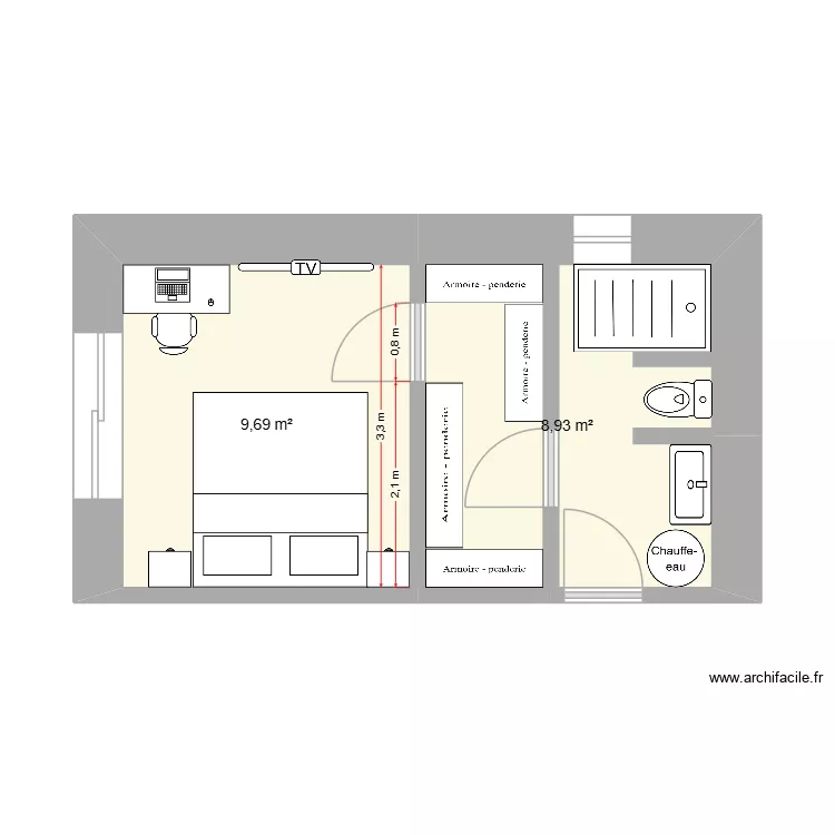 projet chambre 2. Plan de 2  et 19 m²