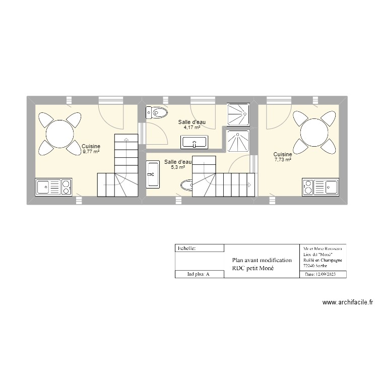 RDC gite petit Moné avant nouvel aménagement. Plan de 4 pièces et 27 m2