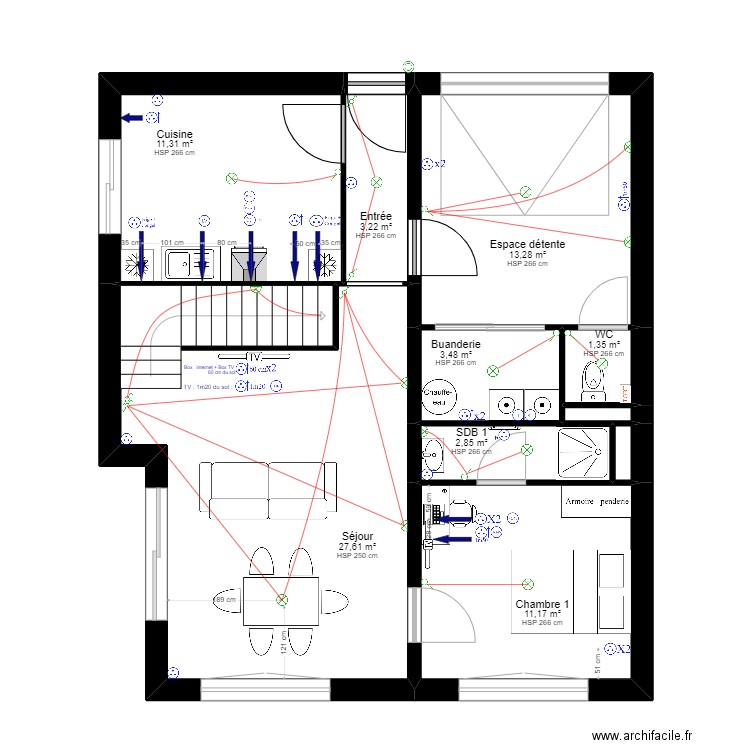 PALN LAMY RENOVATION V2 Electricien avec meubles. Plan de 21 pièces et 155 m2