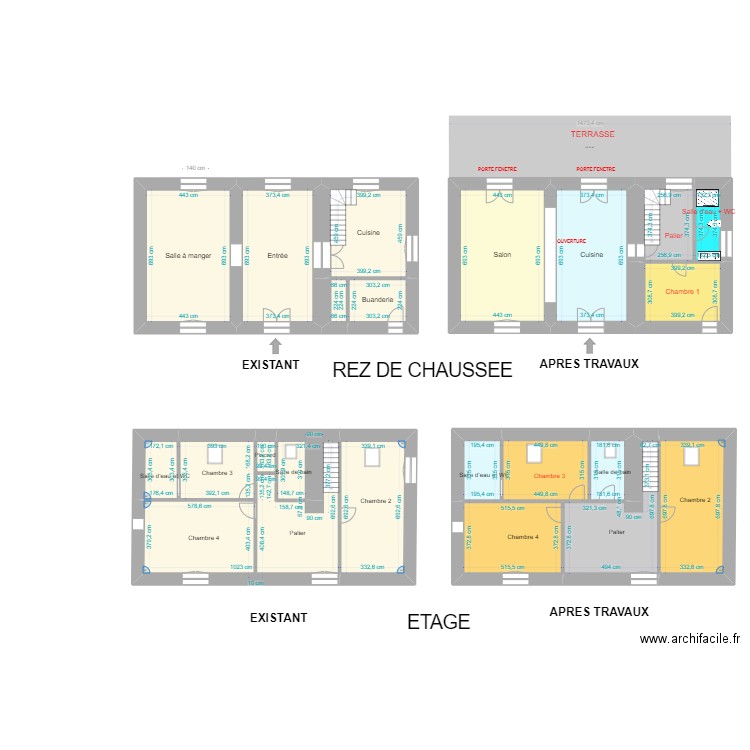 OBTERRE AVANT/APRES. Plan de 21 pièces et 345 m2