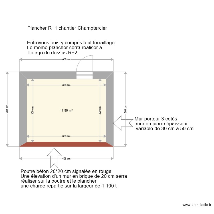 R1 champtercier. Plan de 1 pièce et 12 m2