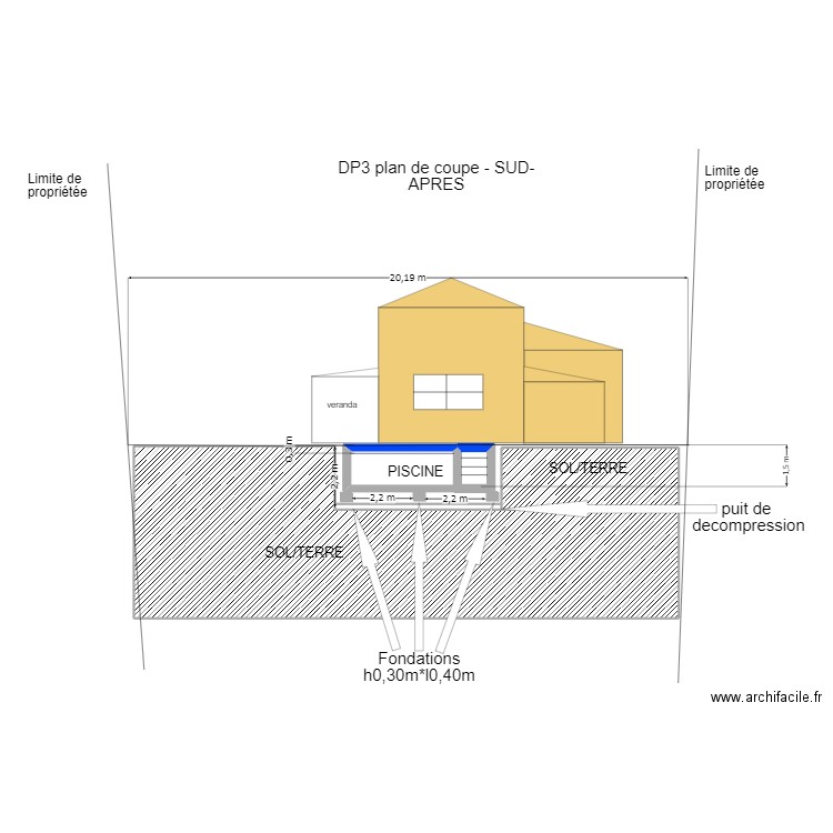 DP3 plan de coupe -sud-Apres- piscine. Plan de 4 pièces et 110 m2