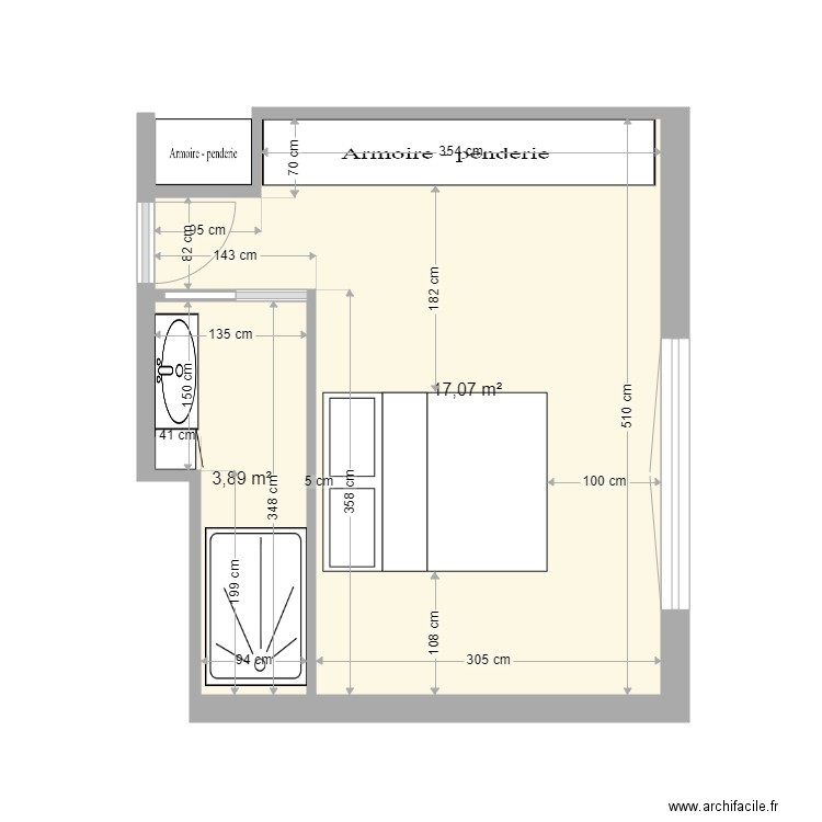 suite parentale. Plan de 2 pièces et 21 m2