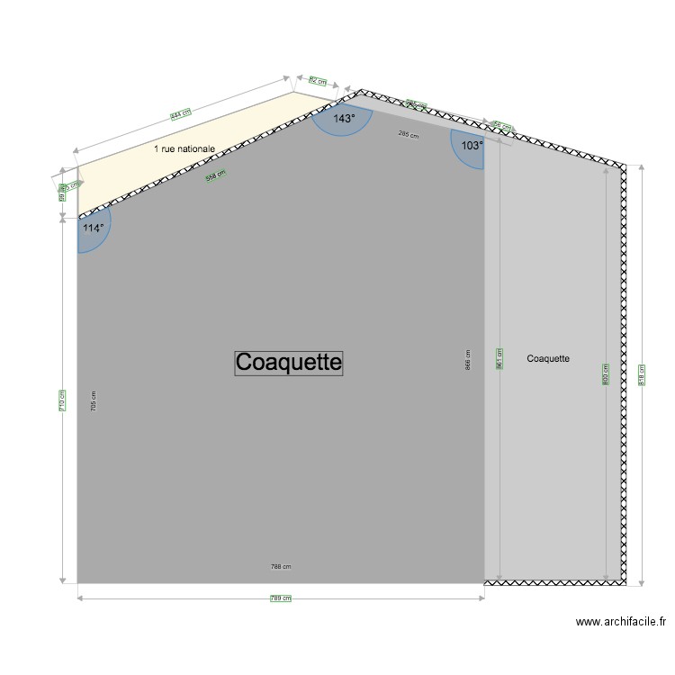 plan de coté facade coaquette. Plan de 3 pièces et 93 m2