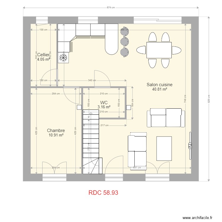 vellumylum rdc plailly. Plan de 4 pièces et 59 m2