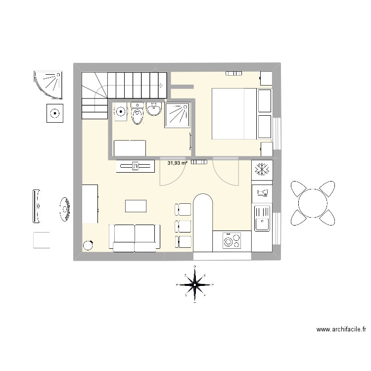 studio 3. Plan de 1 pièce et 32 m2