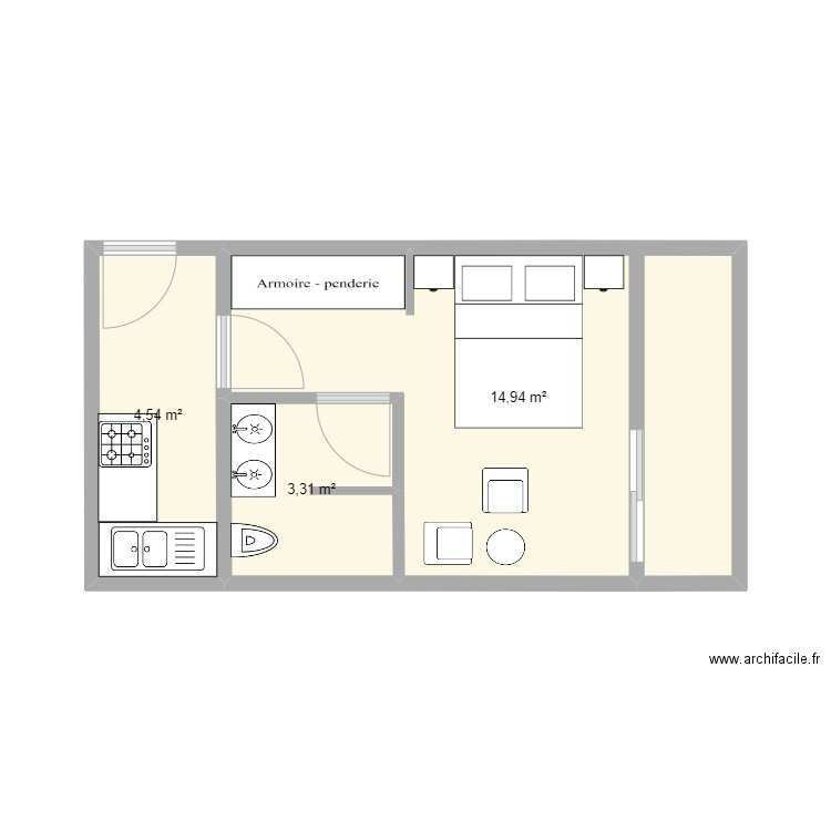 bungalow sandra. Plan de 3 pièces et 23 m2