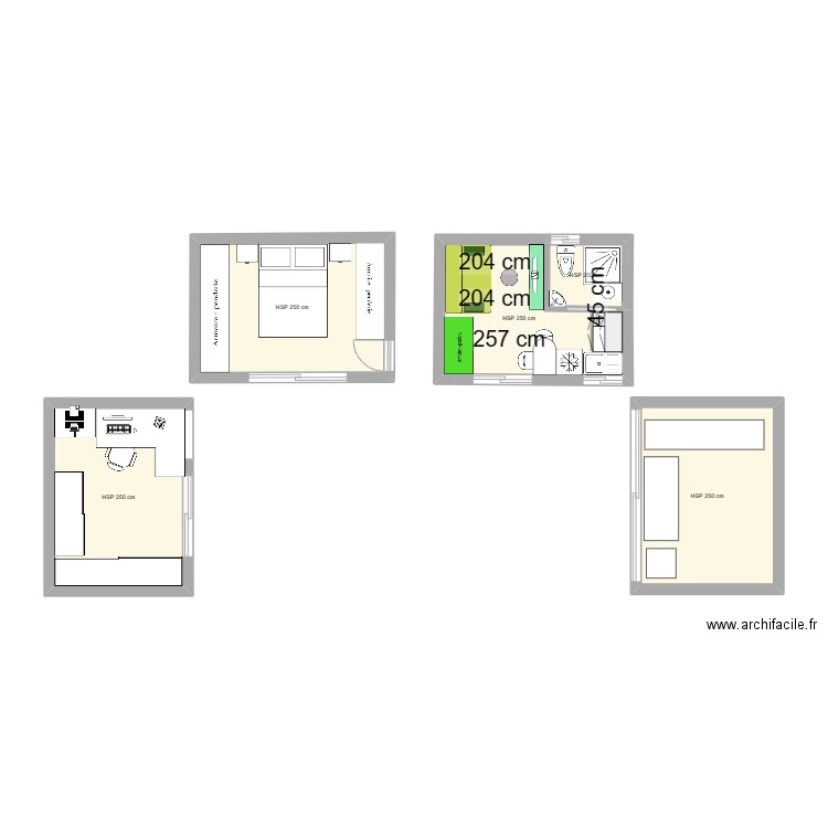 4 MODULES DE 4X3=12 M2...... Plan de 5 pièces et 38 m2