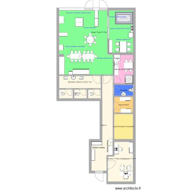 foyer UNITED KIDS +jardin. Plan de 11 pièces et 107 m2