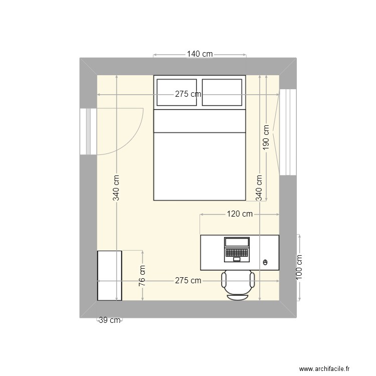 bureau. Plan de 1 pièce et 9 m2