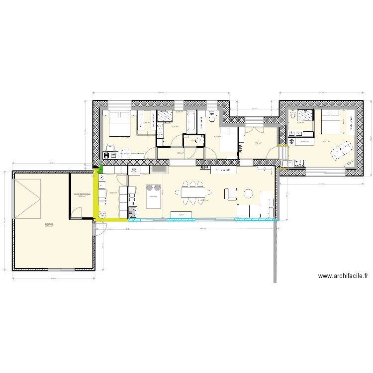 Plan intérieur V3. Plan de 18 pièces et 164 m2