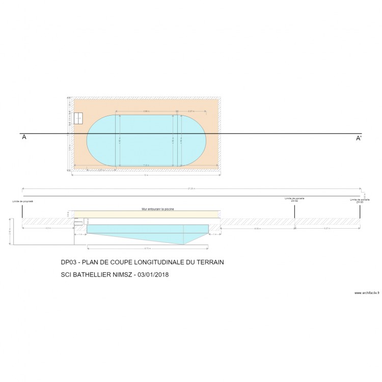 Plan coupe piscine sans abri. Plan de 0 pièce et 0 m2